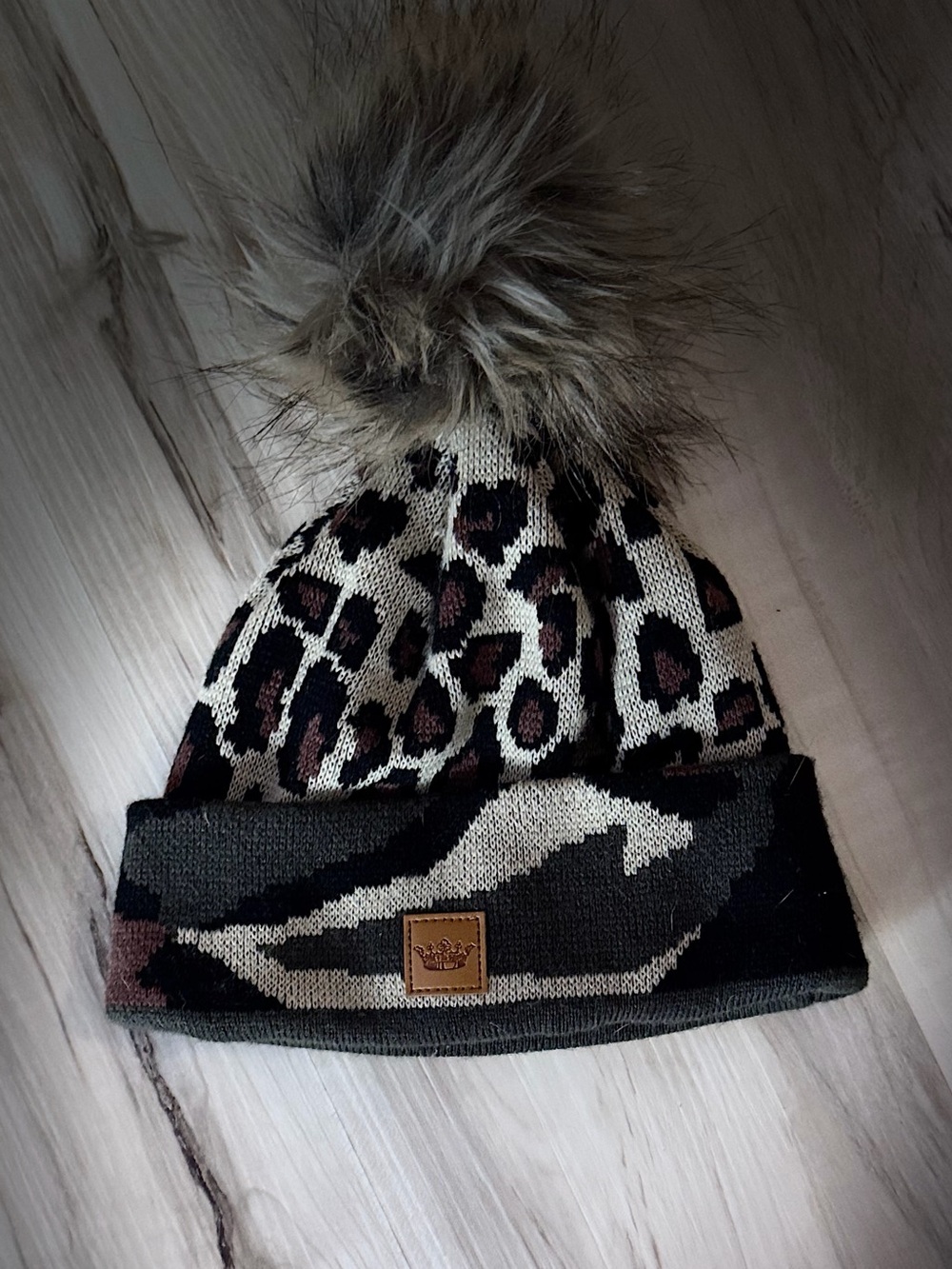 Panache Leopard Print Pom Beanie in Black, Cream, Brown
